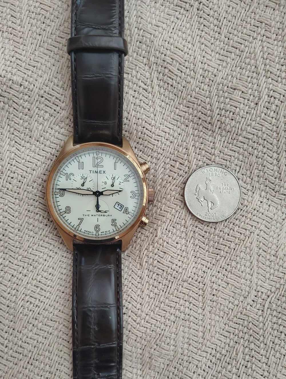 Timex Waterbury Rose Gold Tone Case with Cream Dial and Brown Leather Strap